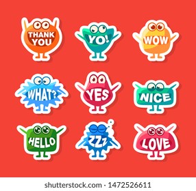 Cute Monsters Stickers Set, Funny Colorful Emoji Characters with Words In Their Mouths Vector Illustration