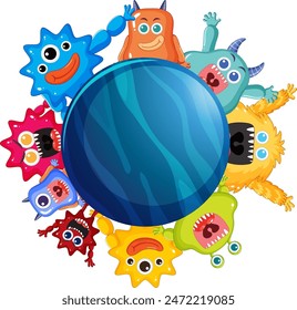 Cute monsters surrounding a blue planet