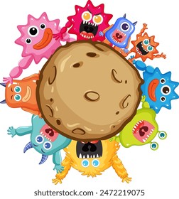 Cute monsters surrounding a large cookie