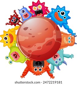 Cute monsters surrounding a red planet