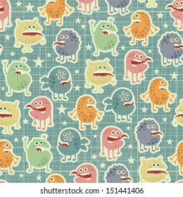 Cute  monsters  texture with stars. Vector pattern in retro stile. 