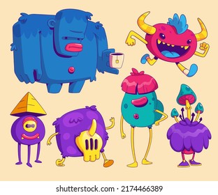 Cute monsters in trendy contemporary art style. Vector cartoon set of funny comic creatures, alien furry animals with teeth, horns, mushrooms and pyramid on head