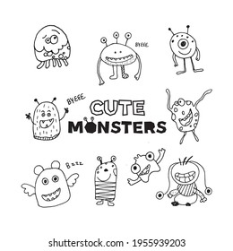 Cute monsters for typography poster, card, label, brochure, flyer, page, banner design. Vector illustration of funny doodle style monsters isolated in black on white background