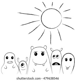 Cute monsters under sun sketch.Vector illustration