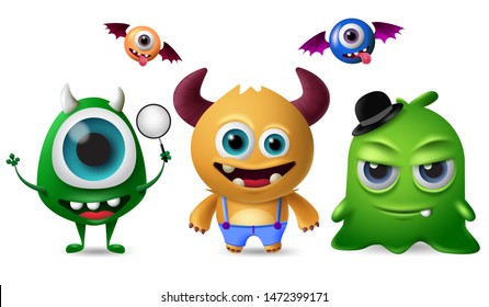 Cute monsters vector character set. Little cute monsters with scary and crazy faces for design elements  isolated in white background. Vector illustration. 