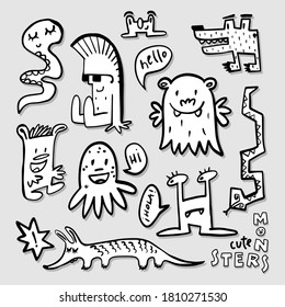 Cute monsters vector doodle black and white children illustration of funny friendly toy characters. Set of hand drawn objects isolated on light gray background.
