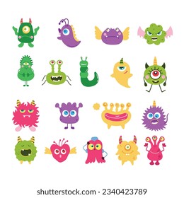 Cute Monsters Vector Illustration.  Creature cartoon character drawings. Monsters illustration. Alien clip art. Creepy critter graphic collection.