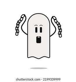 Cute Monsters, Vector Illustration. Cute Scary Ghost With Chains. Kawai