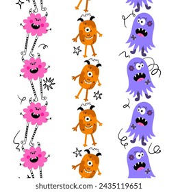 Cute Monsters Vector Seamless Vertical Borders Set