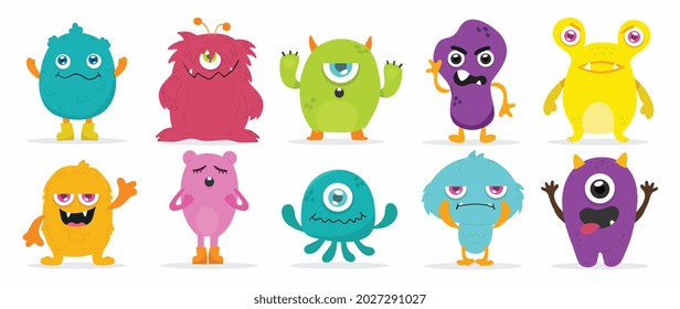 Cute  Monsters  Vector Set. Kids cartoon character design for poster, baby products logo and packaging design.