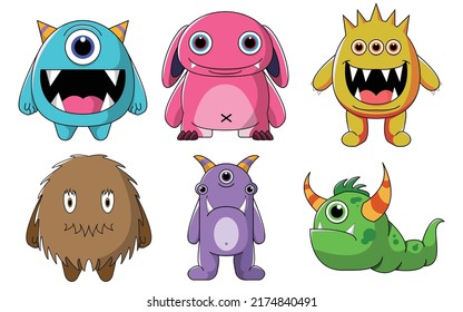 Cute Monsters Vector Set. Kids cartoon character design for poster, baby products logo and packaging design.
