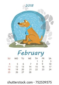 Cute monthly calendar 2018 with funny dog. Vector illustration