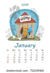 Cute monthly calendar 2018 with funny dog. Vector illustration