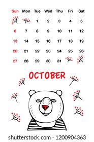 Cute monthly calendar 2019 with bear and red elements on a white background. October.