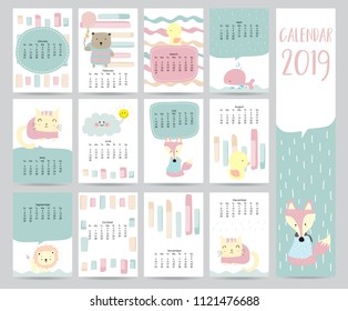 Cute monthly calendar 2019 with bear,cat,fox,whale,cat and lion for children.Can be used for web,banner,poster,label and printable