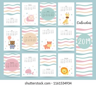 Cute monthly calendar 2019 with bear,cat,giraffe,hippopotamus,lion,whale and balloon.Can be used for web,banner,poster,label and printable