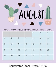 Cute monthly calendar 2019 with cactus for children.Can be used for web,banner,poster,label and printable