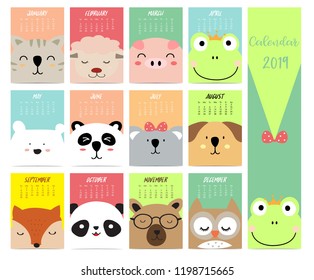 Cute monthly calendar 2019 with cat,sheep,pig,fox,bear,panda,owl for children.Can be used for web,banner,poster,label and printable