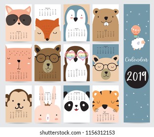 Cute monthly calendar 2019 with fox,bear,penguin,rabbit,tiger,panda,monkey,squirrel and glasses.Can be used for web,banner,poster,label and printable