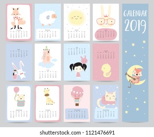 Cute monthly calendar 2019 with fox,sheep,moon,rabbit,girl,bear,giraffe,balloon and cat for children.Can be used for web,banner,poster,label and printable