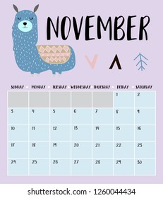 Cute monthly calendar 2019 with llama for children.Can be used for web,banner,poster,label and printable
