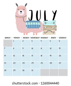 Cute monthly calendar 2019 with llama for children.Can be used for web,banner,poster,label and printable