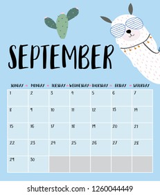 Cute monthly calendar 2019 with llama and cactus for children.Can be used for web,banner,poster,label and printable