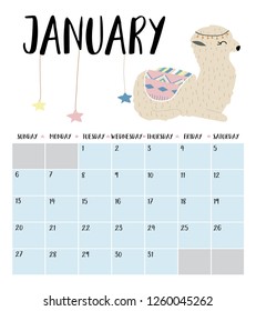 Cute monthly calendar 2019 with llama and star for children.Can be used for web,banner,poster,label and printable