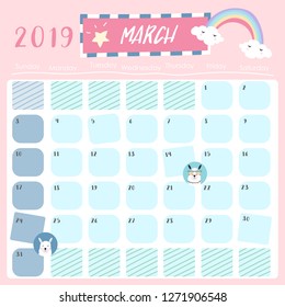 Cute monthly calendar 2019 with llama and star for children.Can be used for web,banner,poster,label and printable