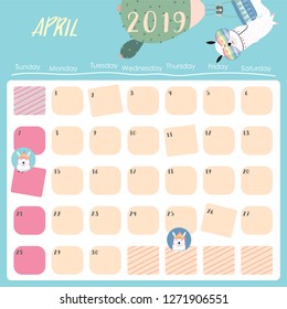 Cute monthly calendar 2019 with llama and star for children.Can be used for web,banner,poster,label and printable