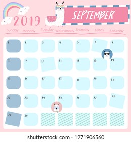 Cute monthly calendar 2019 with llama and star for children.Can be used for web,banner,poster,label and printable