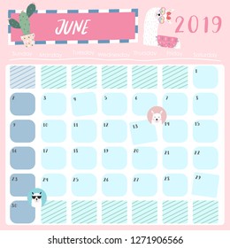 Cute monthly calendar 2019 with llama and star for children.Can be used for web,banner,poster,label and printable
