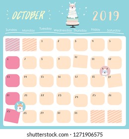 Cute monthly calendar 2019 with llama and star for children.Can be used for web,banner,poster,label and printable