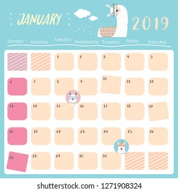 Cute monthly calendar 2019 with llama and star for children.Can be used for web,banner,poster,label and printable