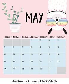 Cute monthly calendar 2019 with llama,glasses,cactus for children.Can be used for web,banner,poster,label and printable