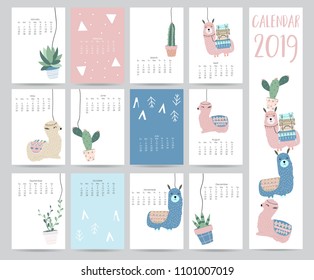 Cute monthly calendar 2019 with llama,luggage,cactus,geometrical for children.Can be used for web,banner,poster,label and printable