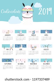 Cute monthly calendar 2019 with llama,luggage,cactus,geometrical,glasses,heart for children.Can be used for web,banner,poster,label and printable