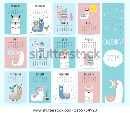 cute monthly calendar 2019 llamaluggagecactusgeometricalglassesheart free monthly calendar 2019
