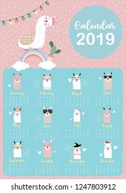 Cute monthly calendar 2019 with llama,rainbow,cactus,glasses,heart,star for children.Can be used for web,banner,poster,label and printable