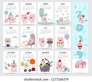 Cute monthly calendar 2019 with pig,cake,barbecue,glasses,heart,balloon,gift for children.Can be used for web,banner,poster,label and printable