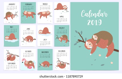 Cute Monthly Calendar 2019 With Sloth