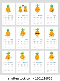 Cute monthly calendar 2019 year with happy pineapple emojis. Week starts on Monday