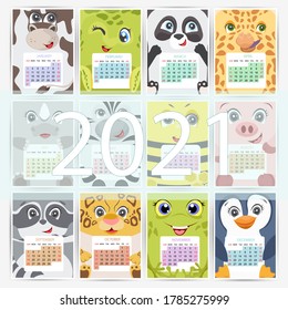 Cute monthly calendar 2021 with cow, turtle, panda, giraffe, rhino, zebra, bee, pig, frog, penguin, raccoon, leopard. Vector illustration