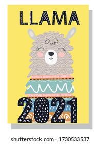 Cute monthly calendar of 2021 with a llama, cactus, inscriptions in the Scandinavian children's style. For web, banners, posters, labels and print