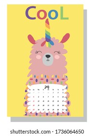 Cute monthly calendar of 2021 with a llama, cactus, inscriptions in the Scandinavian children's style. For web, banners, posters, labels and print