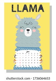 Cute monthly calendar of 2021 with a llama, cactus, inscriptions in the Scandinavian children's style. For web, banners, posters, labels and print