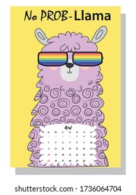 Cute monthly calendar of 2021 with a llama, cactus, inscriptions in the Scandinavian children's style. For web, banners, posters, labels and print