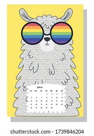 Cute monthly calendar of 2021 with a llama, cactus, inscriptions in the Scandinavian children's style. For web, banners, posters, labels and print