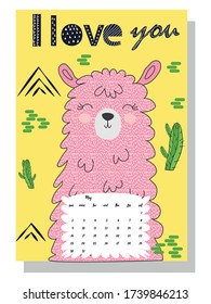 Cute monthly calendar of 2021 with a llama, cactus, inscriptions in the Scandinavian children's style. For web, banners, posters, labels and print