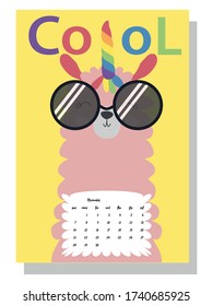 Cute monthly calendar of 2021 with a llama, cactus, inscriptions in the Scandinavian children's style. For web, banners, posters, labels and print